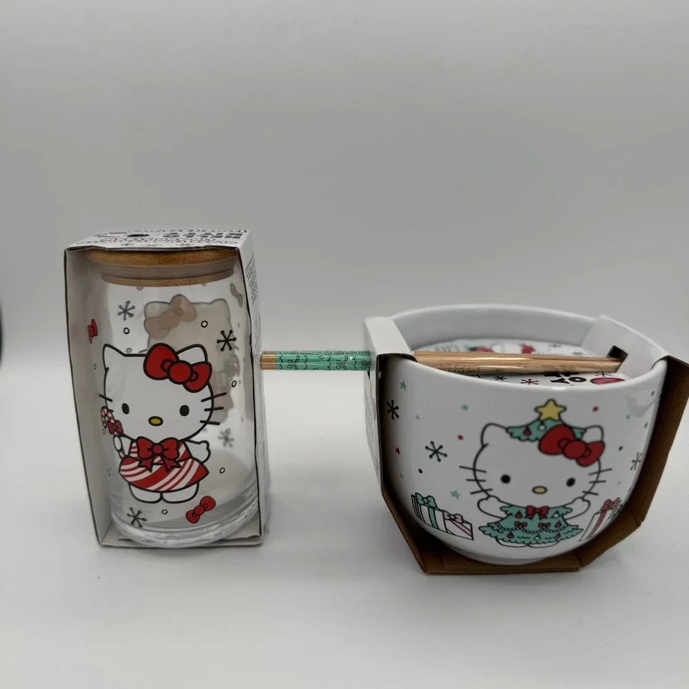 Hello Kitty Christmas Glass Tumbler &‎ Ceramic Bowl Chopsticks Set